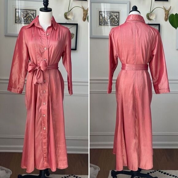 Isabel Riera Handmade Salmon Pink Iridescent Shirt Dress Midi $550 M - Picture 1 of 10